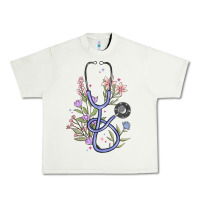 Pistachio floral stethoscope Urban Heavy Tee - MaliasSmallBusiness