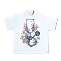 White floral stethoscope Urban Heavy Tee - MaliasSmallBusiness