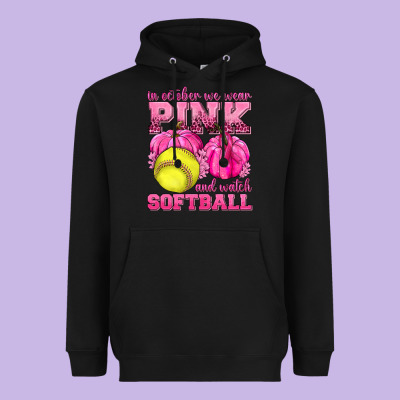 In October We Wear Pink And Watch Softball Heavyweight Hoodie Designed By Texasbilliewilder