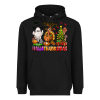 Black Happy Hallothanksmas with ghost turkey and tree Heavyweight Hoodie - texasbilliewilder