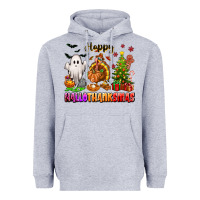 Heather Grey Happy Hallothanksmas with ghost turkey and tree Heavyweight Hoodie - texasbilliewilder