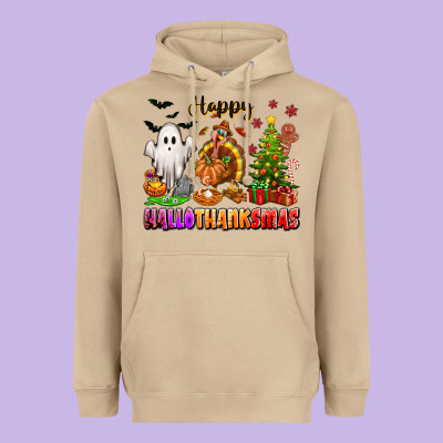 Happy Hallothanksmas With Ghost Turkey And Tree Heavyweight Hoodie Designed By Texasbilliewilder