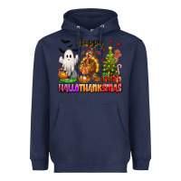 Navy Happy Hallothanksmas with ghost turkey and tree Heavyweight Hoodie - texasbilliewilder
