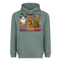 Sage Happy Hallothanksmas with ghost turkey and tree Heavyweight Hoodie - texasbilliewilder