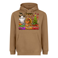 Toasted Coconut Happy Hallothanksmas with ghost turkey and tree Heavyweight Hoodie - texasbilliewilder
