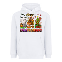 White Happy Hallothanksmas with ghost turkey and tree Heavyweight Hoodie - texasbilliewilder