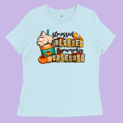 Stressed Blessed Pumpkin Obsessed Ladies Tee Designed By Cowhidedigitalart