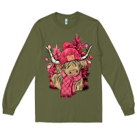 Army Green pink winter long haired cow Long Sleeve Tee - NancyCooperArtShop