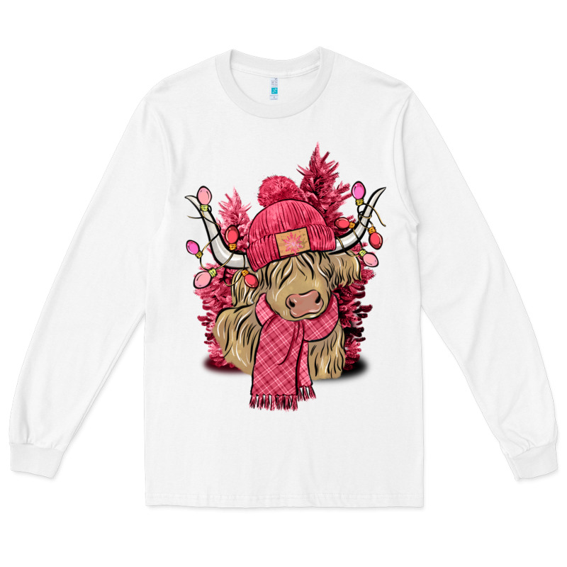 Pink Winter Long Haired Cow Long Sleeve Tee by NancyCooperArtShop | Teevron