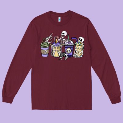 Skeleton Coffee Cups Long Sleeve Tee Designed By Nancycooperartshop