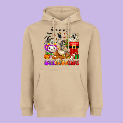 Happy Hallothanksmas Skeleton Coffee Cups Heavyweight Hoodie Designed By Texasbilliewilder