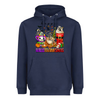 Navy happy hallothanksmas skeleton coffee cups Heavyweight Hoodie - texasbilliewilder