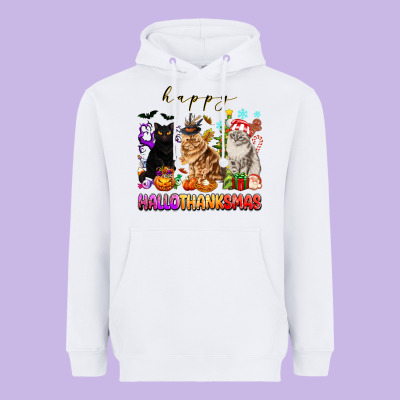 Happy Hallothanksmas Cats Heavyweight Hoodie Designed By Texasbilliewilder