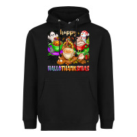 Black happy hallothanksmas coffee cups with ghost turkey Heavyweight Hoodie - texasbilliewilder