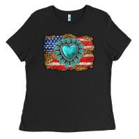 Black American flag leopard turquoise gemstone Ladies Tee - Neo Western