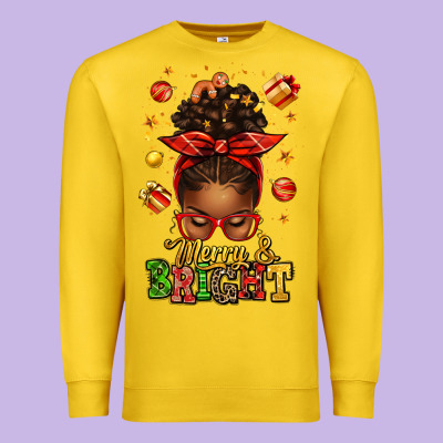 Merry And Bright Christmas Afro Messy Bun Premium Sweatshirt Designed By Texasbilliewilder