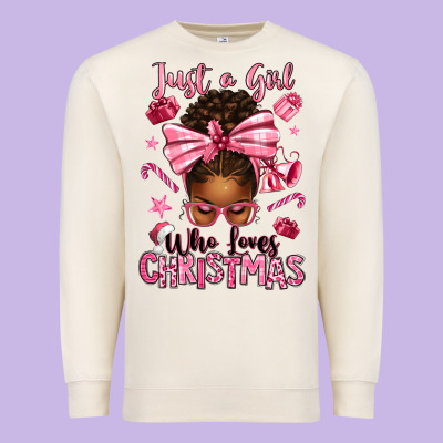 Just A Girl Who Loves Pink Christmas Afro Messy Bu Premium Sweatshirt Designed By Texasbilliewilder