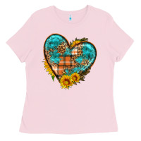 Bubblegum Pink fall pattern heart with sunflower Ladies Tee - HRA Design Shop