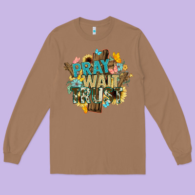 Pray Wait Trust Crosses Christian Long Sleeve Tee Designed By Nancycooperartshop