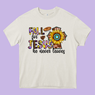 Fall For Jesus He Never Leaves Heavy Core Tee Designed By Cowhidedigitalart