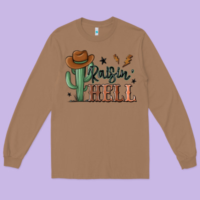 Raisin Hell Cowboy Cactus Long Sleeve Tee Designed By Maliassmallbusiness