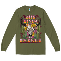 Army Green she kinda buck wild with bull skull Long Sleeve Tee - NancyCooperArtShop