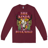 Burgundy she kinda buck wild with bull skull Long Sleeve Tee - NancyCooperArtShop