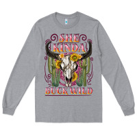 Heather Grey she kinda buck wild with bull skull Long Sleeve Tee - NancyCooperArtShop