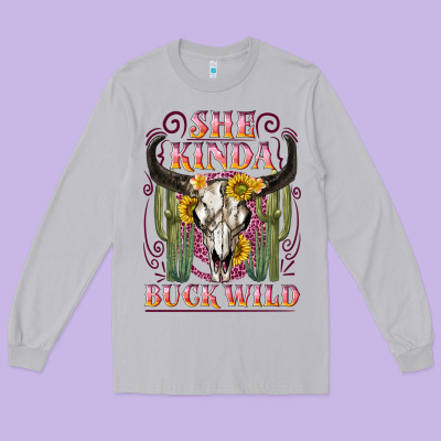 She Kinda Buck Wild With Bull Skull Long Sleeve Tee Designed By Nancycooperartshop