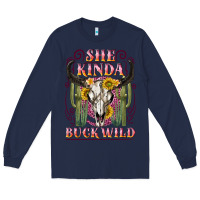 Navy she kinda buck wild with bull skull Long Sleeve Tee - NancyCooperArtShop