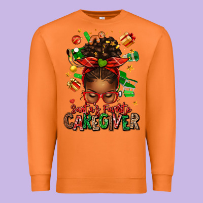 Santas Favorite Caregiver Afro Messy Bun Premium Sweatshirt Designed By Texasbilliewilder