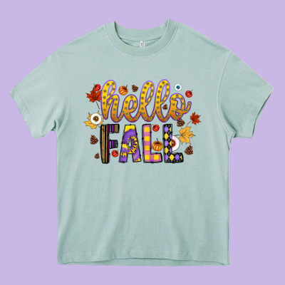 Hello Fall Heavy Core Tee Designed By Cowhidedigitalart