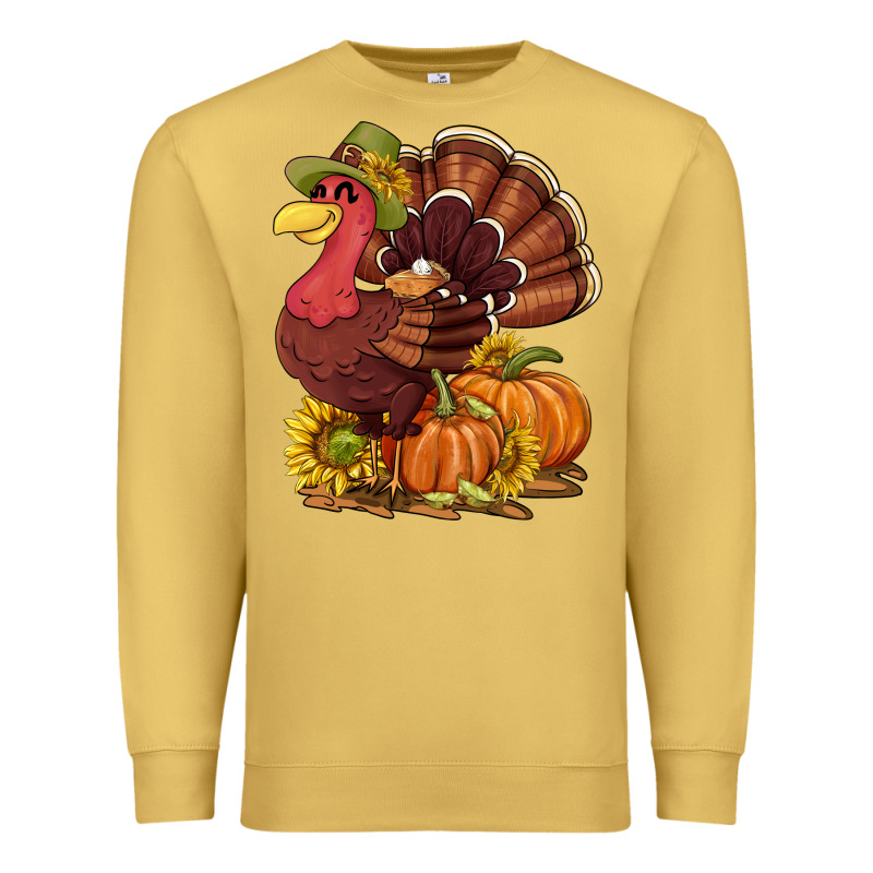 Thanksgiving Turkey With Pumpkin And Sunflower Premium Sweatshirt by NancyCooperArtShop | Teevron