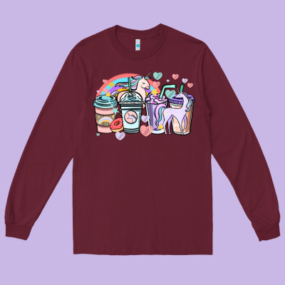 Unicorn Coffee Cups Long Sleeve Tee Designed By Nancycooperartshop