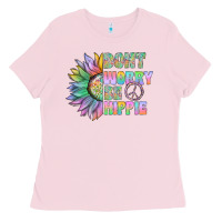 Bubblegum Pink Don't Worry Be Hippie Ladies Tee - CowhideDigitalArt