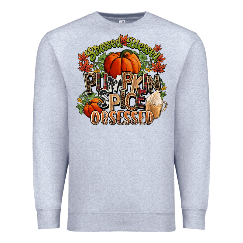 Stressed Blessed Pumpkin Spice Obsessed Fall Premium Sweatshirt by NancyCooperArtShop | Teevron