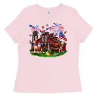 Bubblegum Pink Barn farm animals 4th of July Ladies Tee - Neo Western