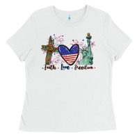 White Faith love Freedom 4th of july Ladies Tee - CowGirlArtShop