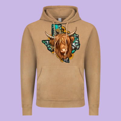 Texas Map Long Haired Shaggy Cow Vintage Hoodie Designed By Jasminsmagicworld