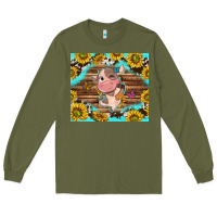 Army Green western cute cow with sunflower Long Sleeve Tee - NancyCooperArtShop
