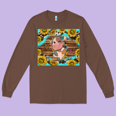 Western Cute Cow With Sunflower Long Sleeve Tee Designed By Nancycooperartshop