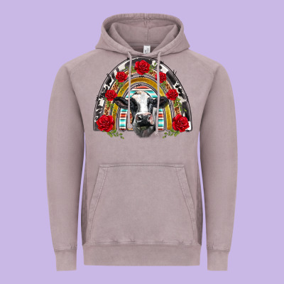 Black And White Baby Cow Floral Rose Rainbow Vintage Hoodie Designed By Barkaloodesign