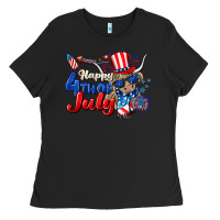 Black Happy 4th of July cow Ladies Tee - CowGirlArtShop