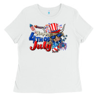 White Happy 4th of July cow Ladies Tee - CowGirlArtShop