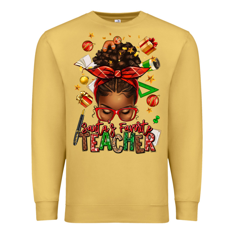 Santa's Favorite Teacher Afro Messy Bun Premium Sweatshirt by texasbilliewilder | Teevron