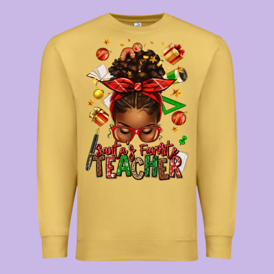 Santa's Favorite Teacher Afro Messy Bun Premium Sweatshirt Designed By Texasbilliewilder