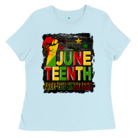Baby Blue juneteenth fist free ish since 1865 with background Ladies Tee - HRA Design Shop