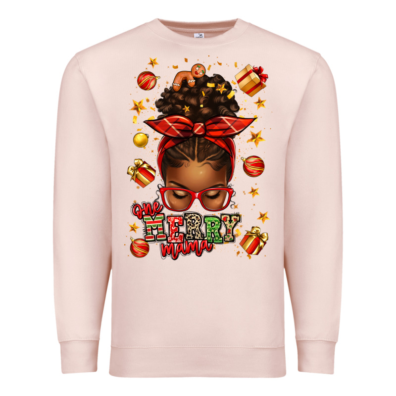 One Merry Mama Christmas Afro Messy Bun Premium Sweatshirt by texasbilliewilder | Teevron