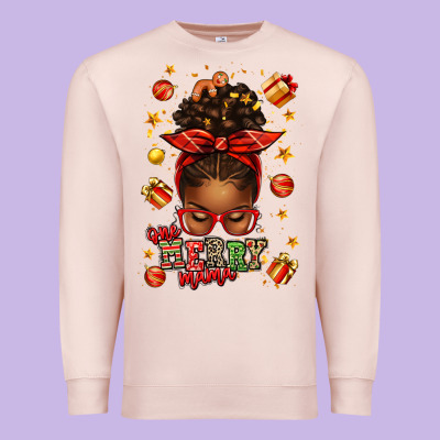 One Merry Mama Christmas Afro Messy Bun Premium Sweatshirt Designed By Texasbilliewilder