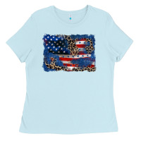 Baby Blue Leopard glitter American flag 4th of july Ladies Tee - CowGirlArtShop